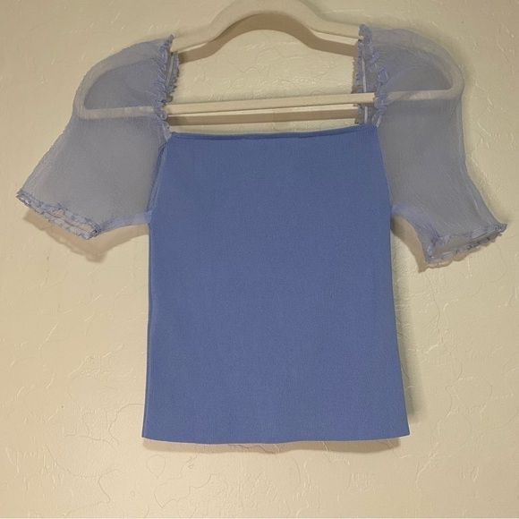 Zara Periwinkle Stretchy Knit Sheer Balloon Sleeve Cropped Square Neck Top S - Picture 7 of 9